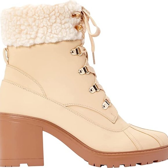 Beige Sherpa Chunky Heeled Combat Boots Size 8.5 - Picture 1 of 7